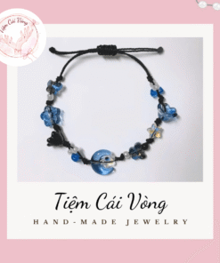 Vòng tay dây rút handmade kết hạt đá thủy tinh hình Trăng, Sao và Hoa xanh.